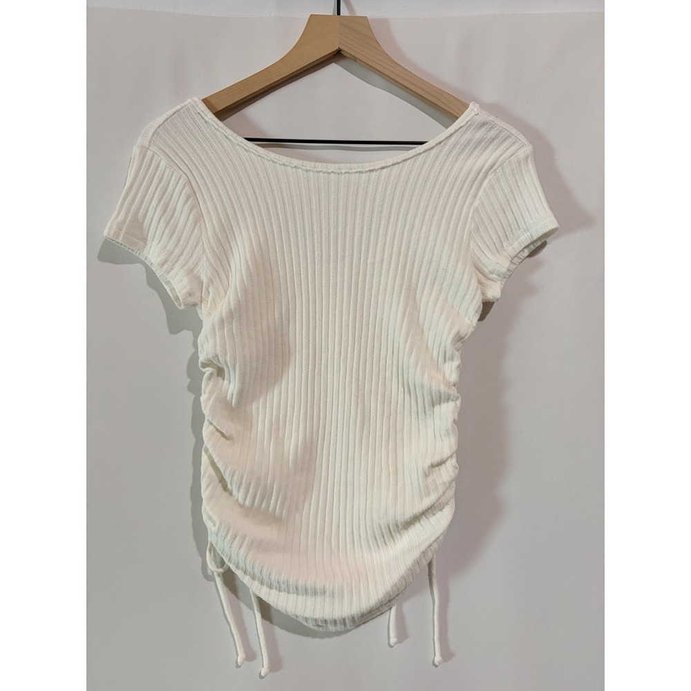 Project Social T Cream Knit Short Sleeve Side Cinch Top Large‎ Casual Minimalist